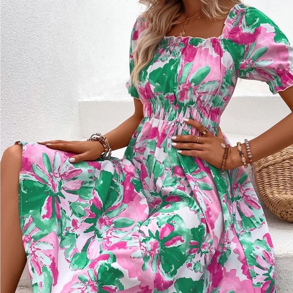 FLORAL FRILL TRIM SQUARE NECK DRESS - Picture 6 of 6